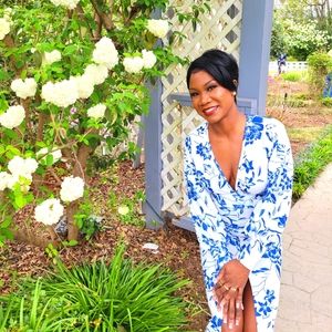 White & Blue Floral Print Midi Dress